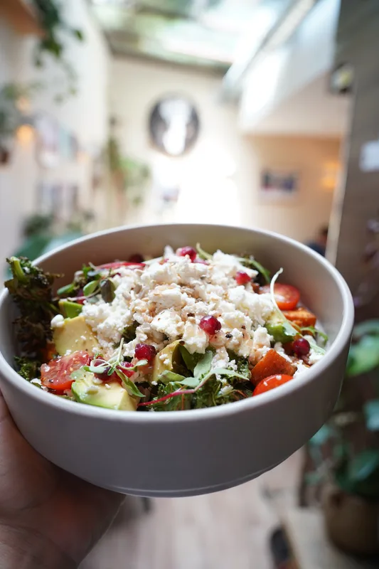 Freshly prepared salad served in the garden room